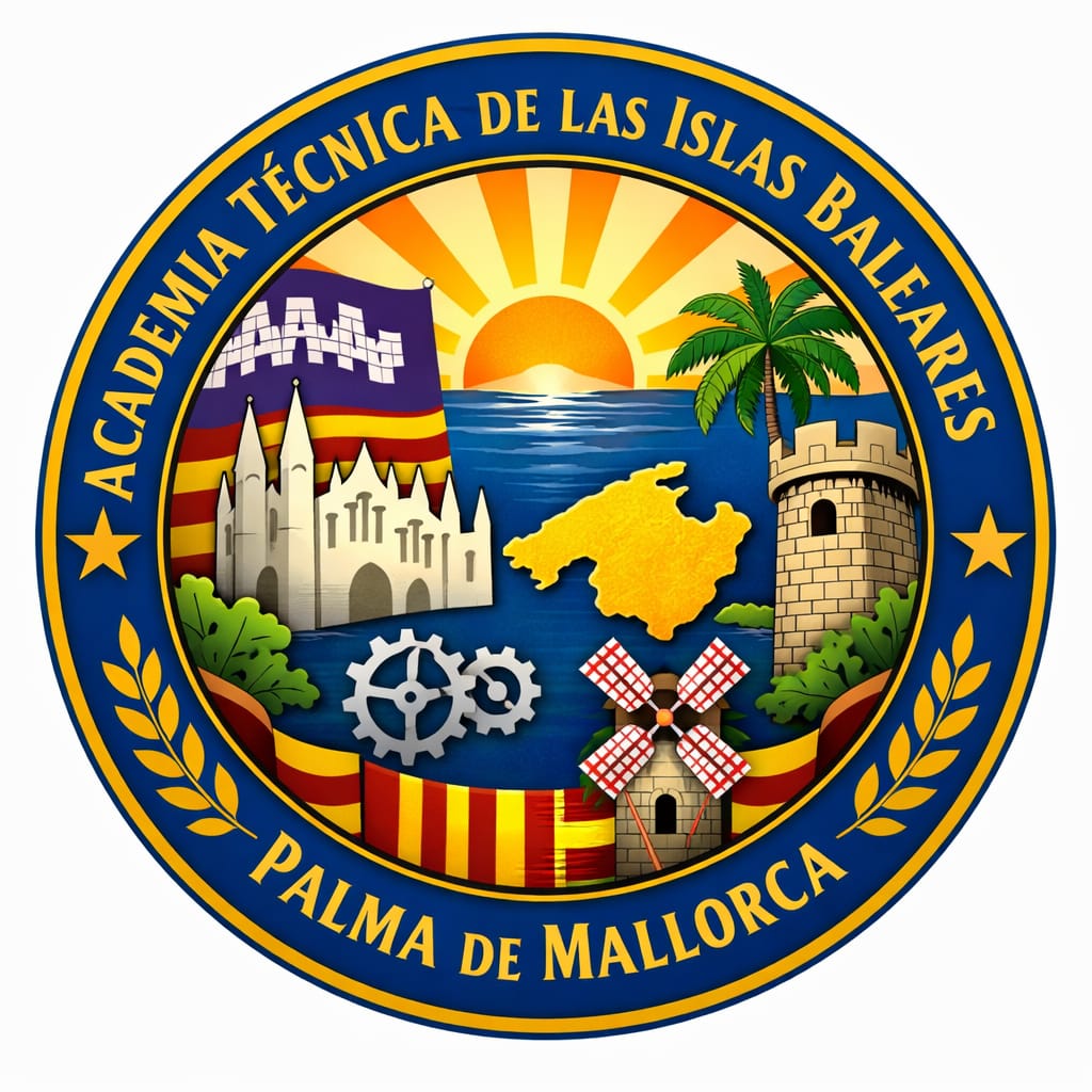 Rundes blau-goldenes Logo der Academia Tecnica de las Islas Baleares